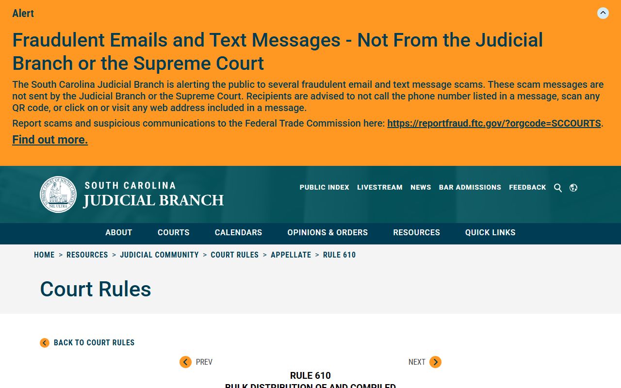 South Carolina Appellate Court Rule 610 page limiting bulk York County court records