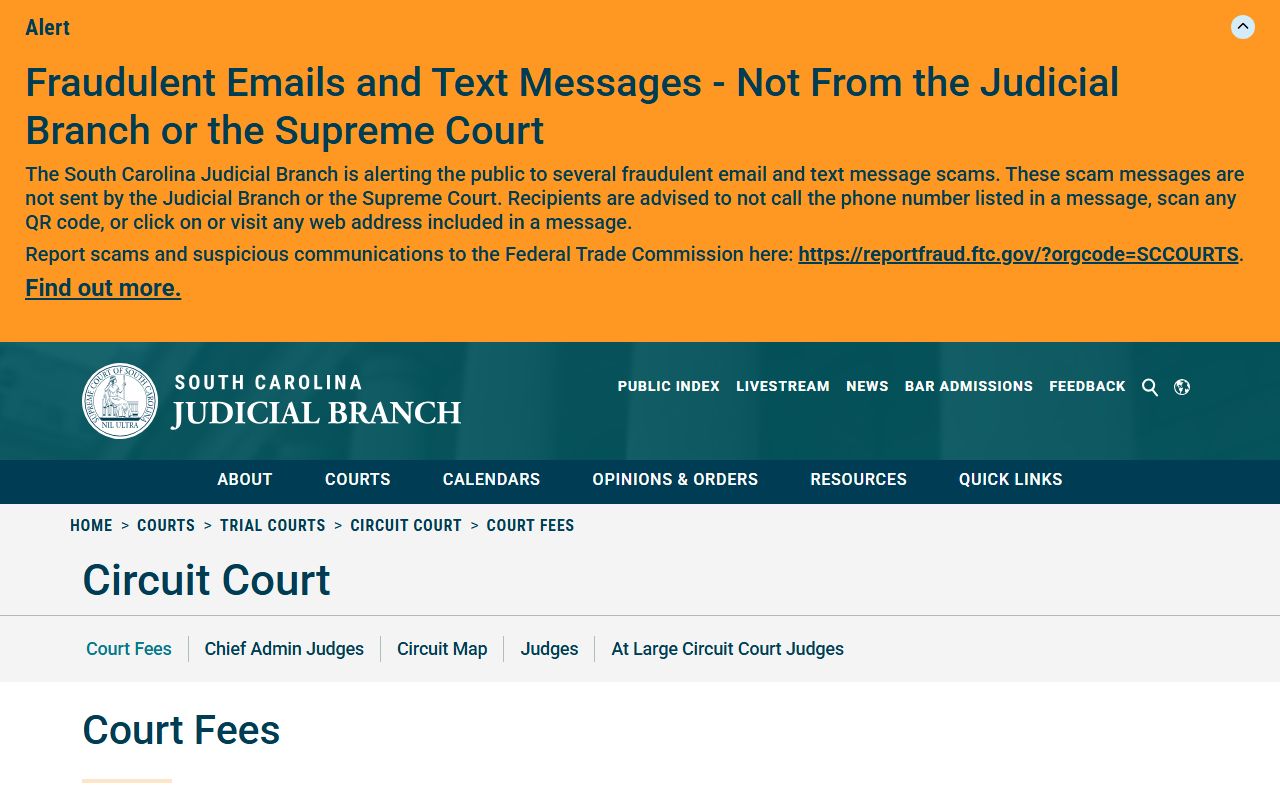 South Carolina Circuit Court fee schedule used for York County court records filings
