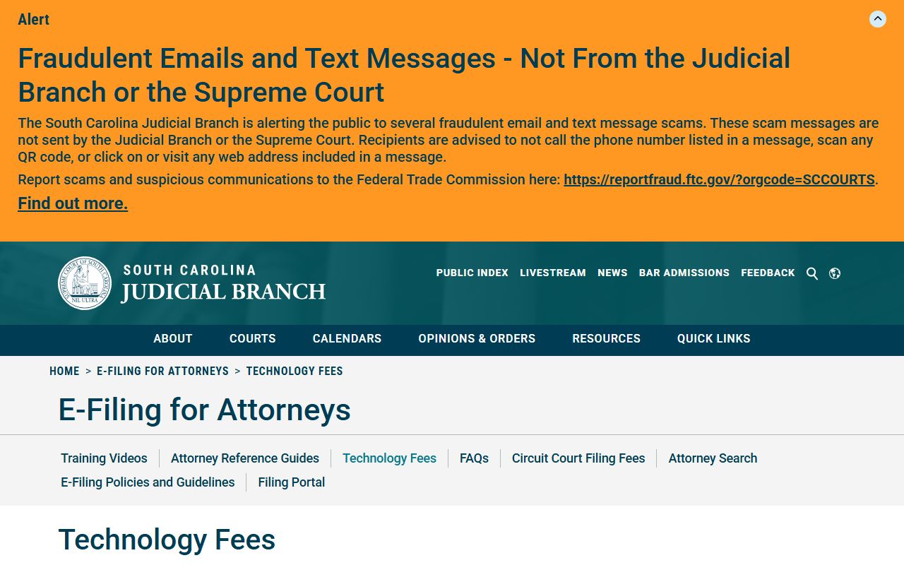 South Carolina e-filing technology fee page for York County court records and Clerk filings