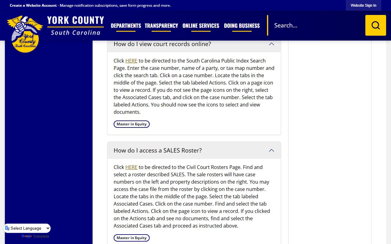 York County FAQ explaining how to view York County court records on the Public Index
