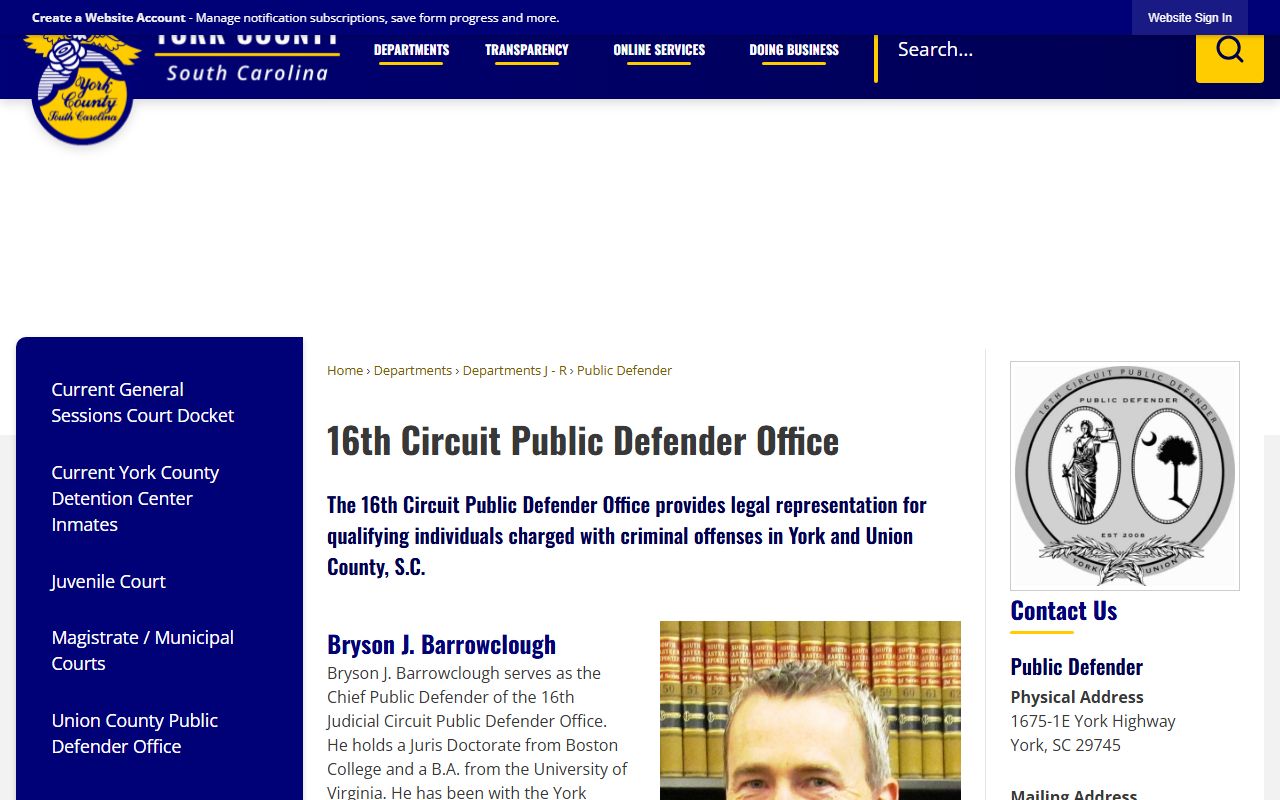 York County 16th Circuit Public Defender page tied to York County court records and Clerk filings