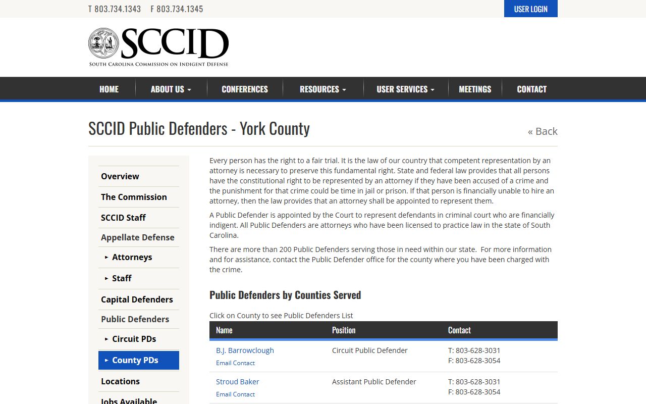 South Carolina indigent defense listing for York County court records and Public Defender