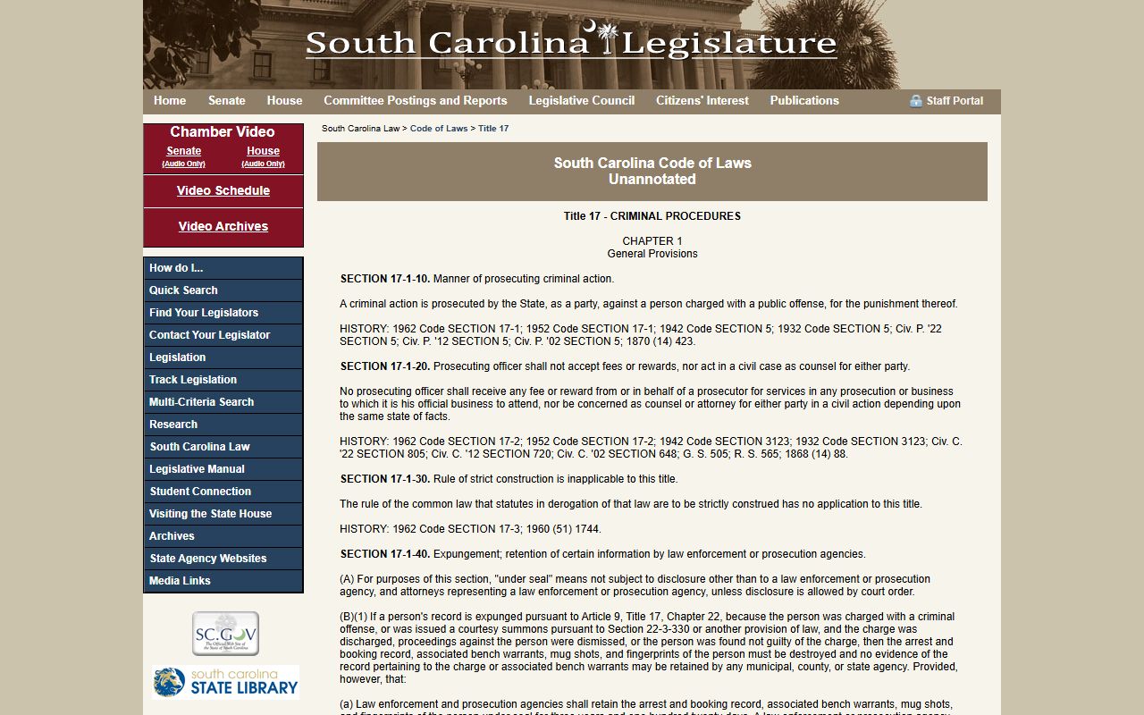 South Carolina criminal procedure code page covering York County arrest records destruction
