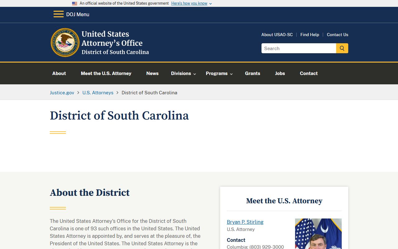 U.S. Attorney for the District of South Carolina handling federal York County court records prosecutions