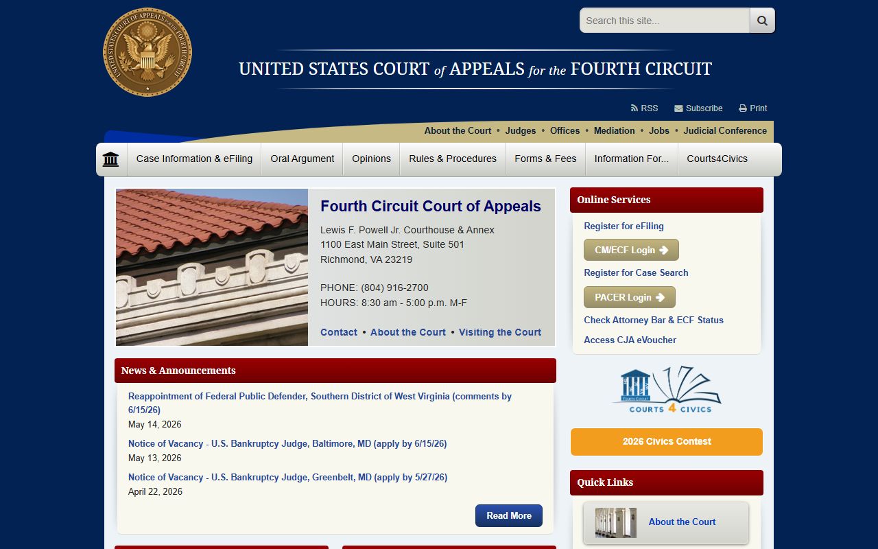 U.S. Court of Appeals for the Fourth Circuit hearing York County court records federal appeals