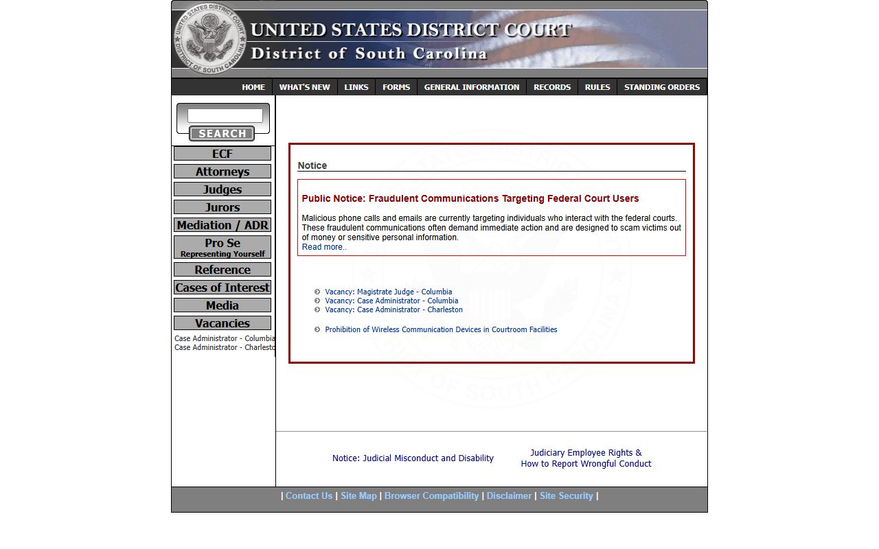 U.S. District Court for the District of South Carolina that hears York County court records federal cases