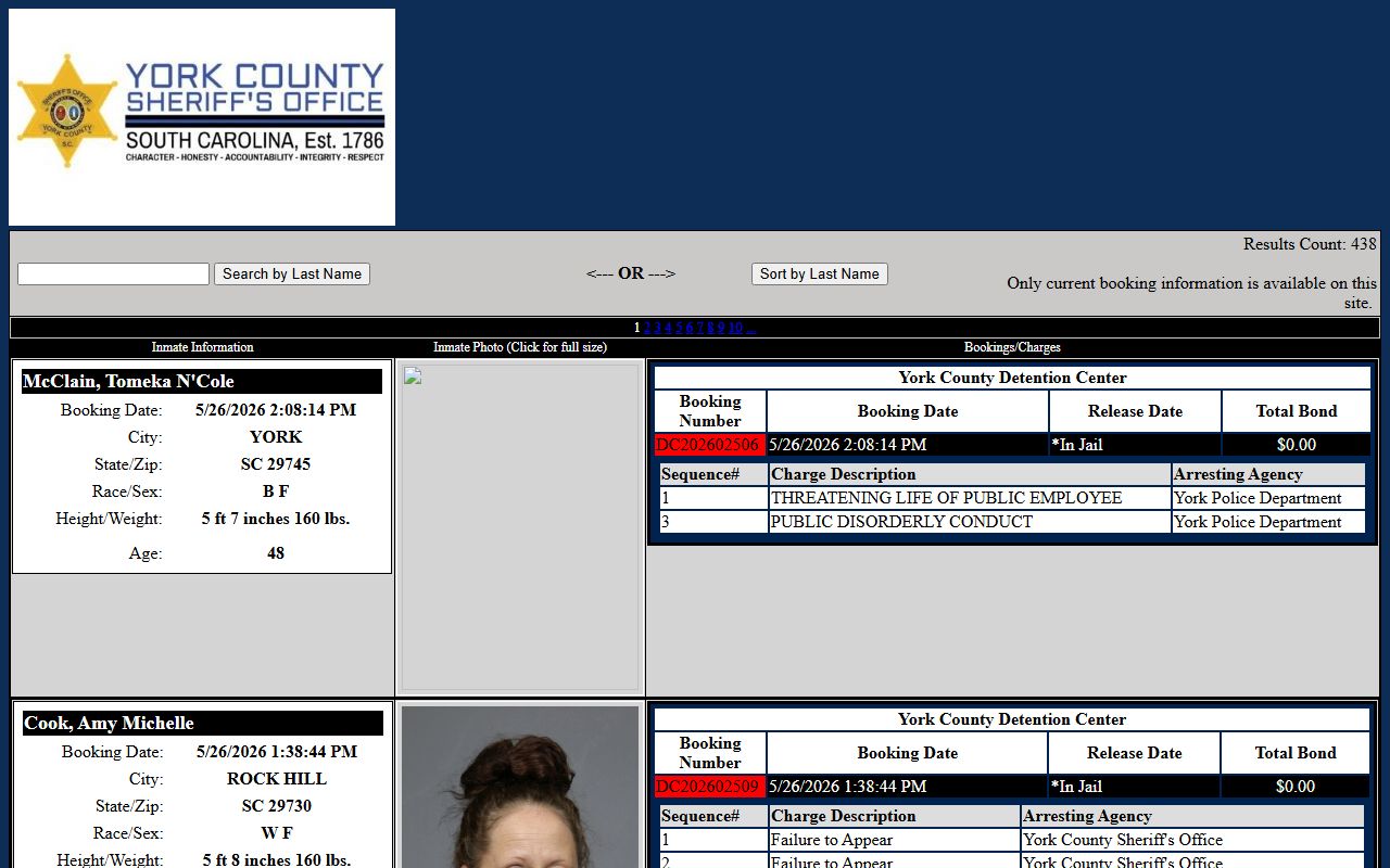 York County Detention Center current inmate roster for York County court records