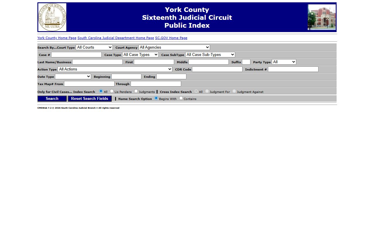 York County Public Index search screen for court records