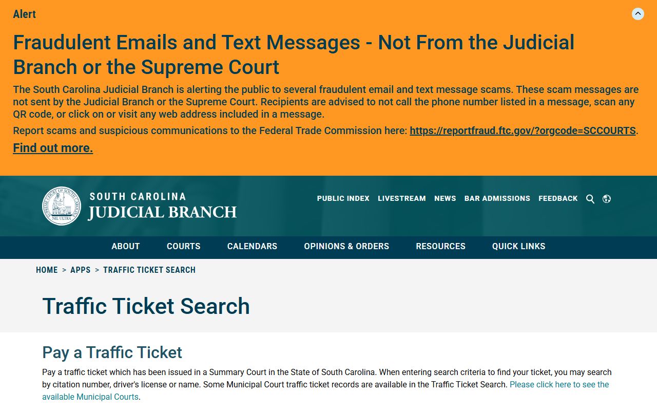 South Carolina traffic ticket search portal used for York County court records