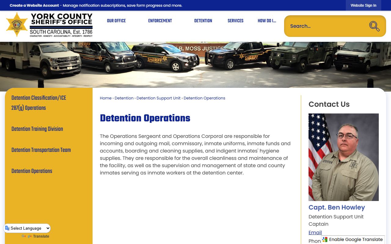 York County detention operations page covering mail, commissary, and inmate funds for York County inmate records
