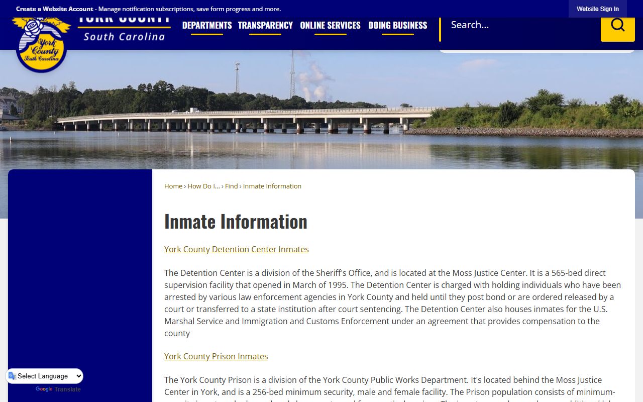 York County inmate records and detention information page describing the jail roster
