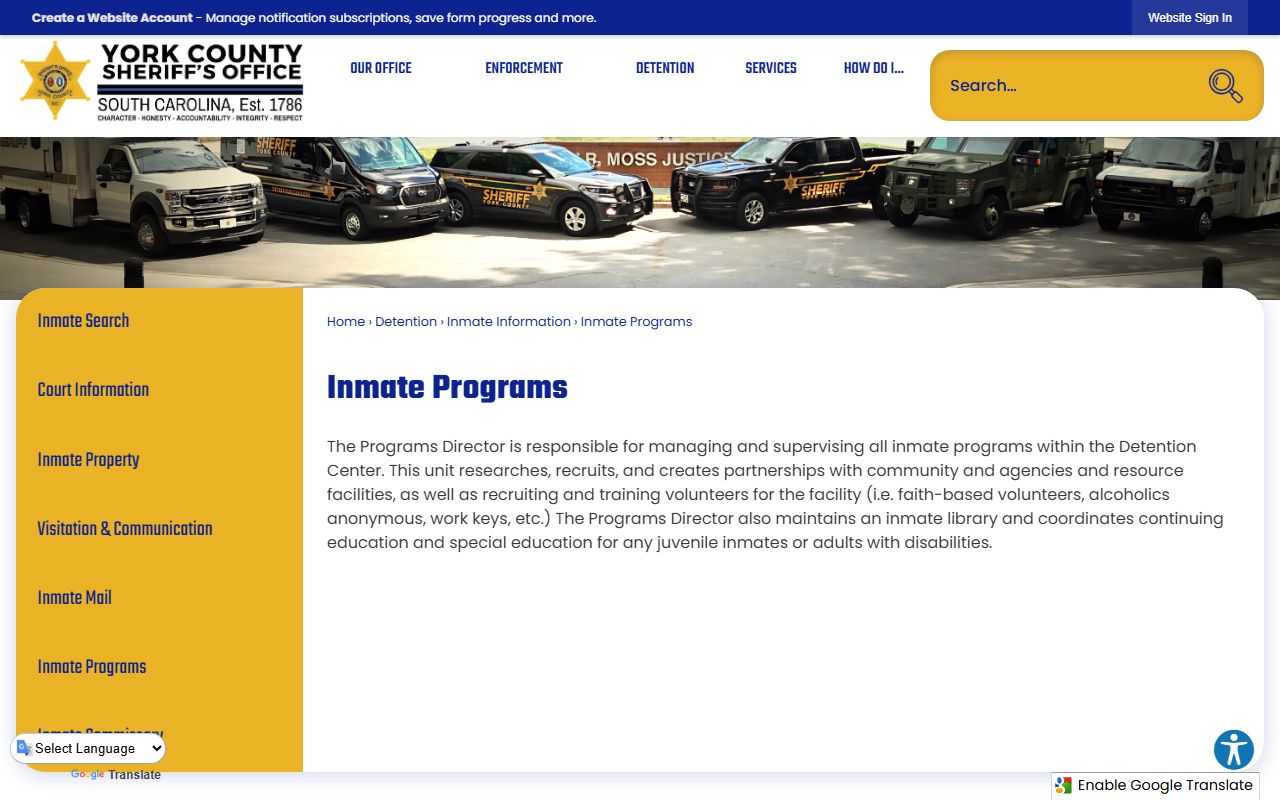 York County detention center inmate programs page connected to York County inmate records