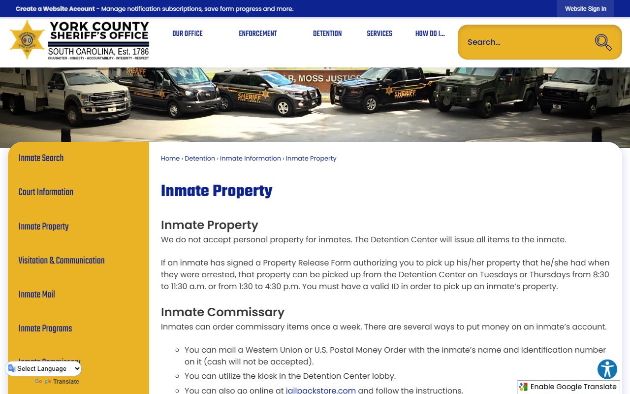 York County inmate property pickup and commissary page for York County inmate records