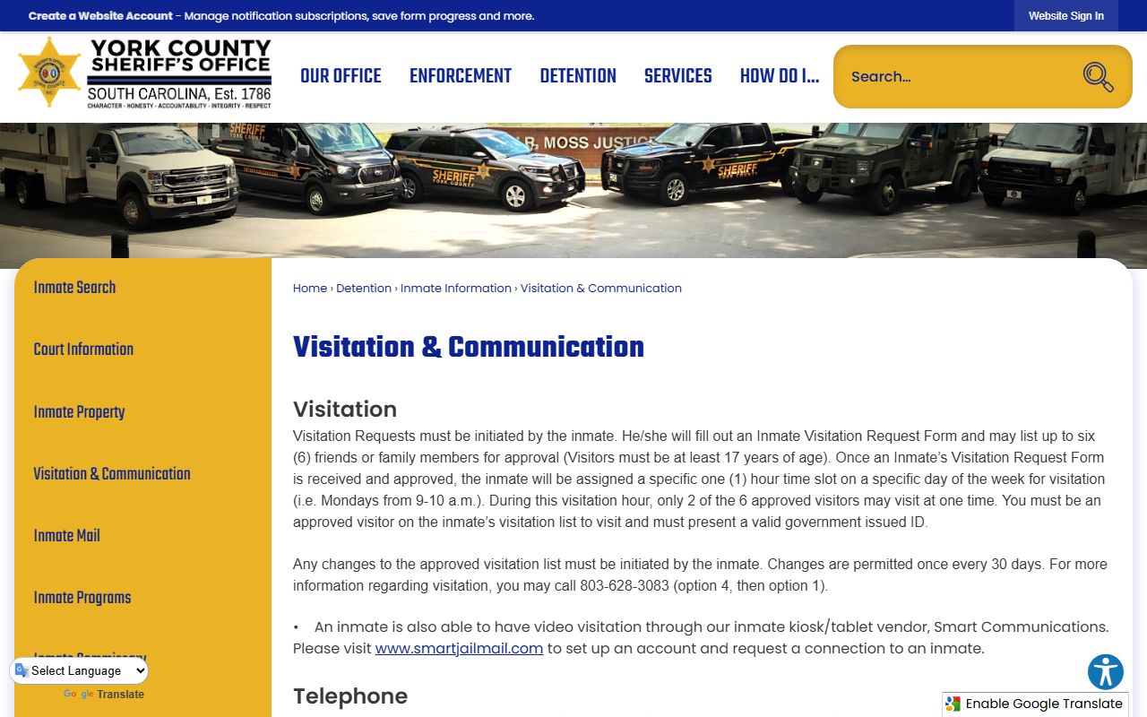 York County sheriff visitation and video communication page for York County inmate records