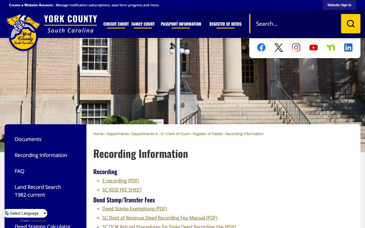 York County public records recording information page with e-recording and fee sheet links