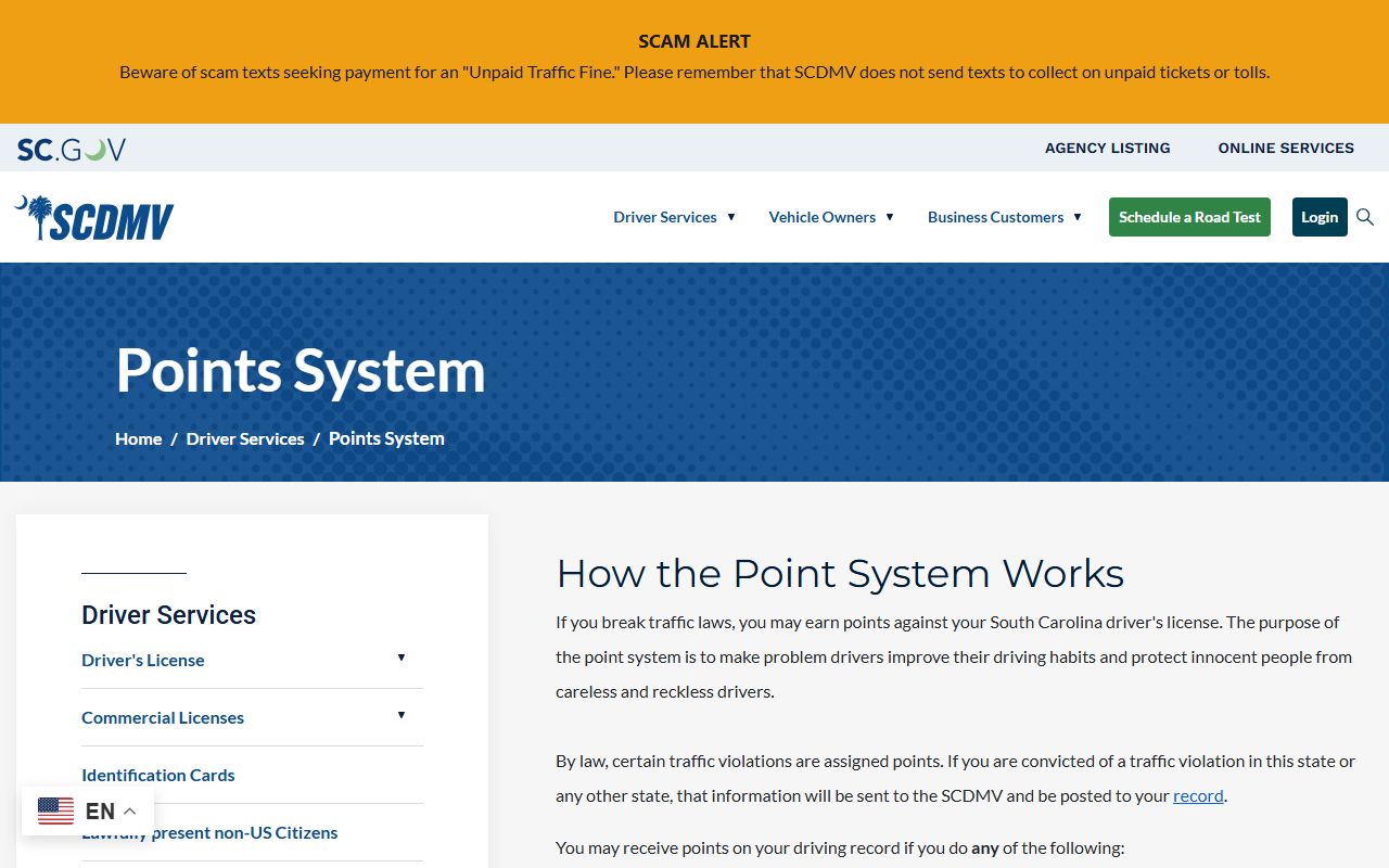 SCDMV points system page connected to York County traffic court records convictions