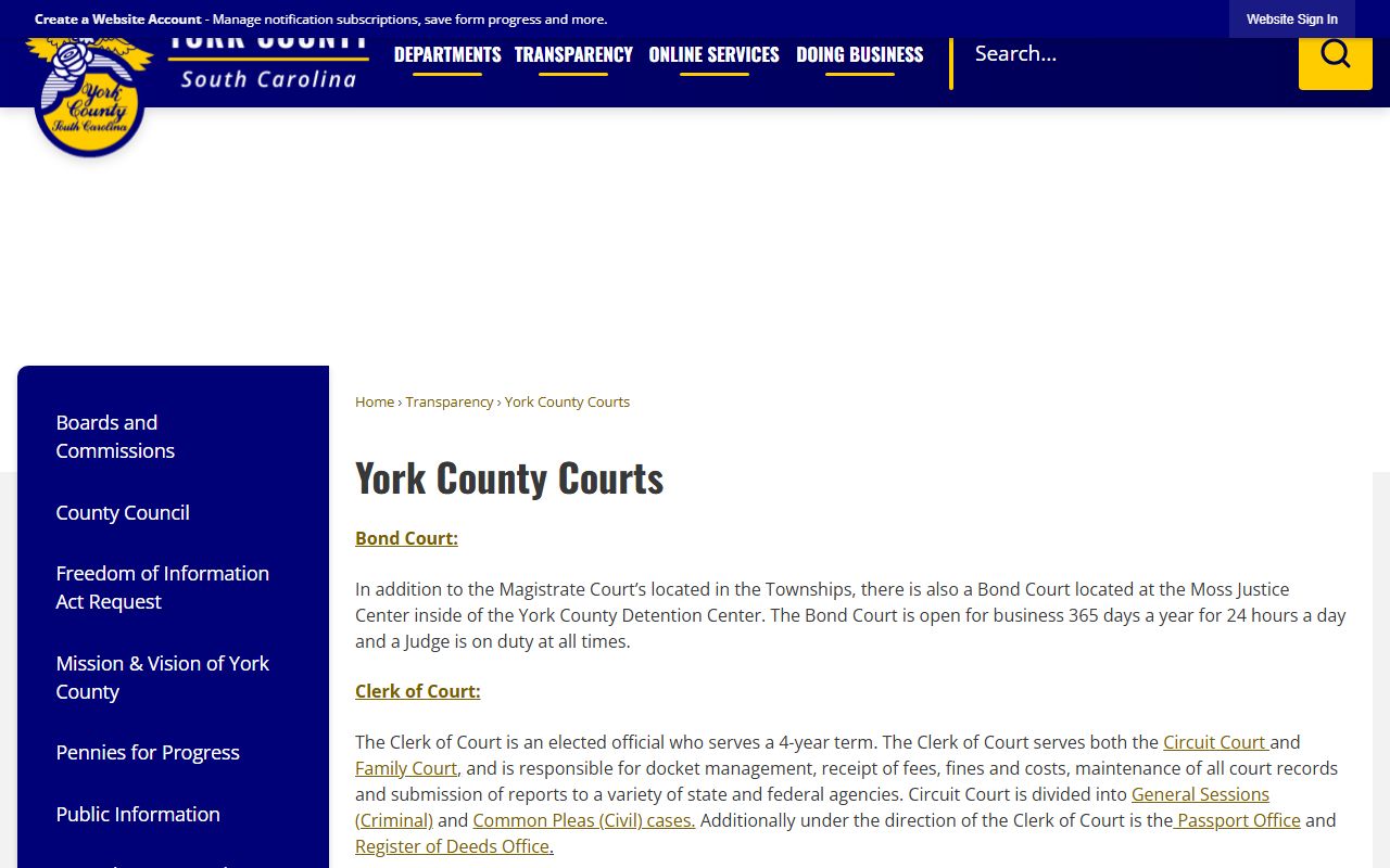 York County Courts page describing Bond Court for York County warrant records