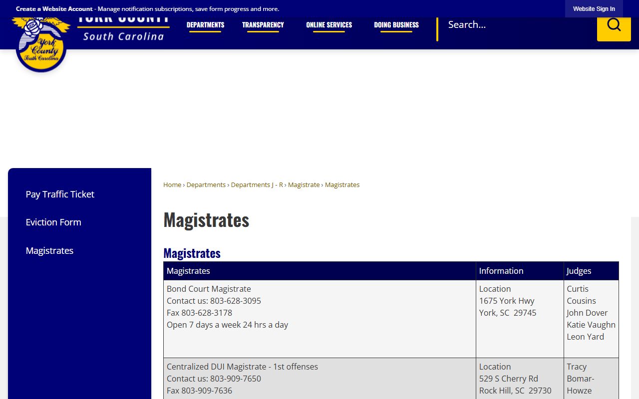 York County Magistrates page listing bond court for York County warrant records
